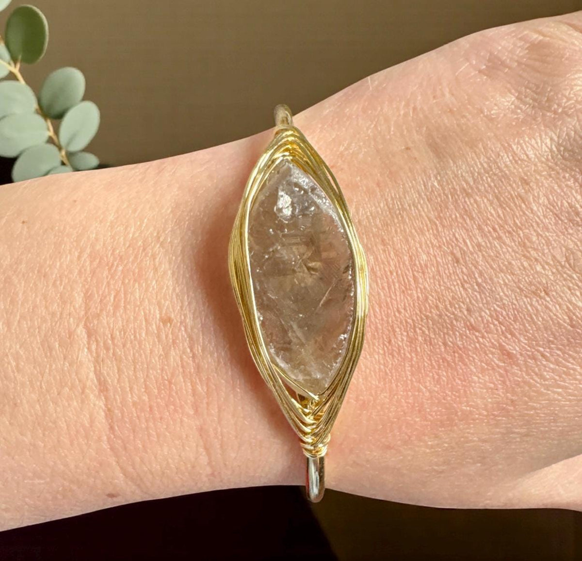 Smokey Quartz Cuff Bangle: Raw Crystal Bracelet. Gold Plated