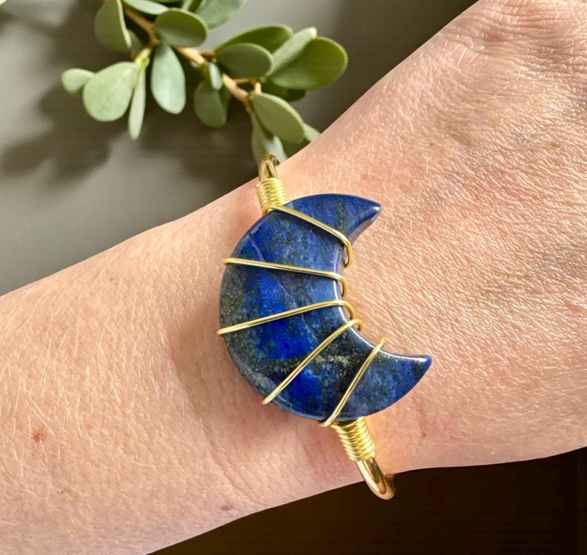 Lapis Lazuli Moon Bangle: Gold Plated Crystal Cuff. Handmade