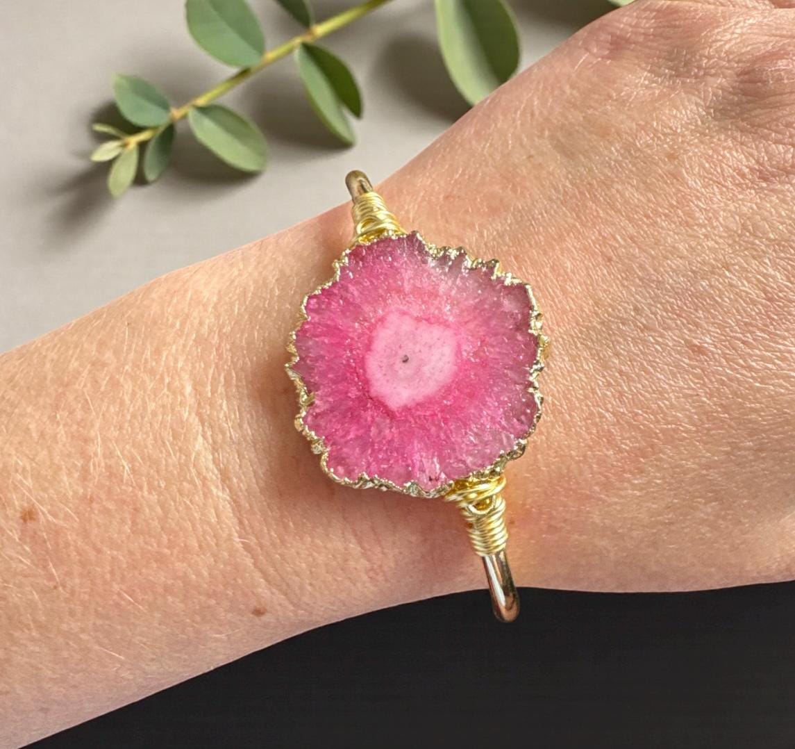 Handmade Pink Agate Cuff Bangle: Gold Plated Crystal Bracelet