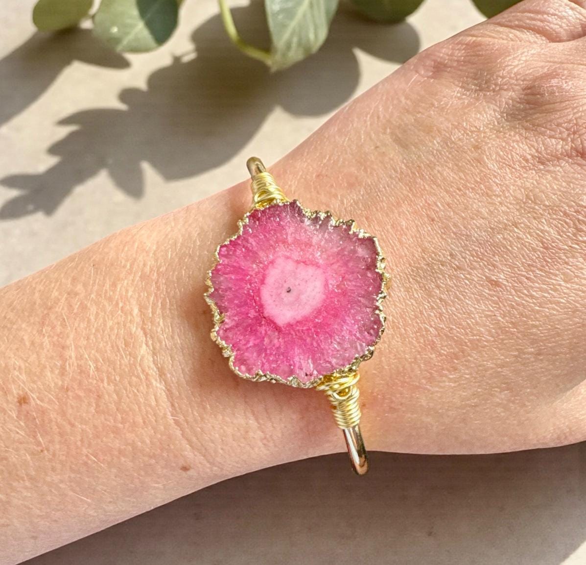 Handmade Pink Agate Cuff Bangle: Gold Plated Crystal Bracelet
