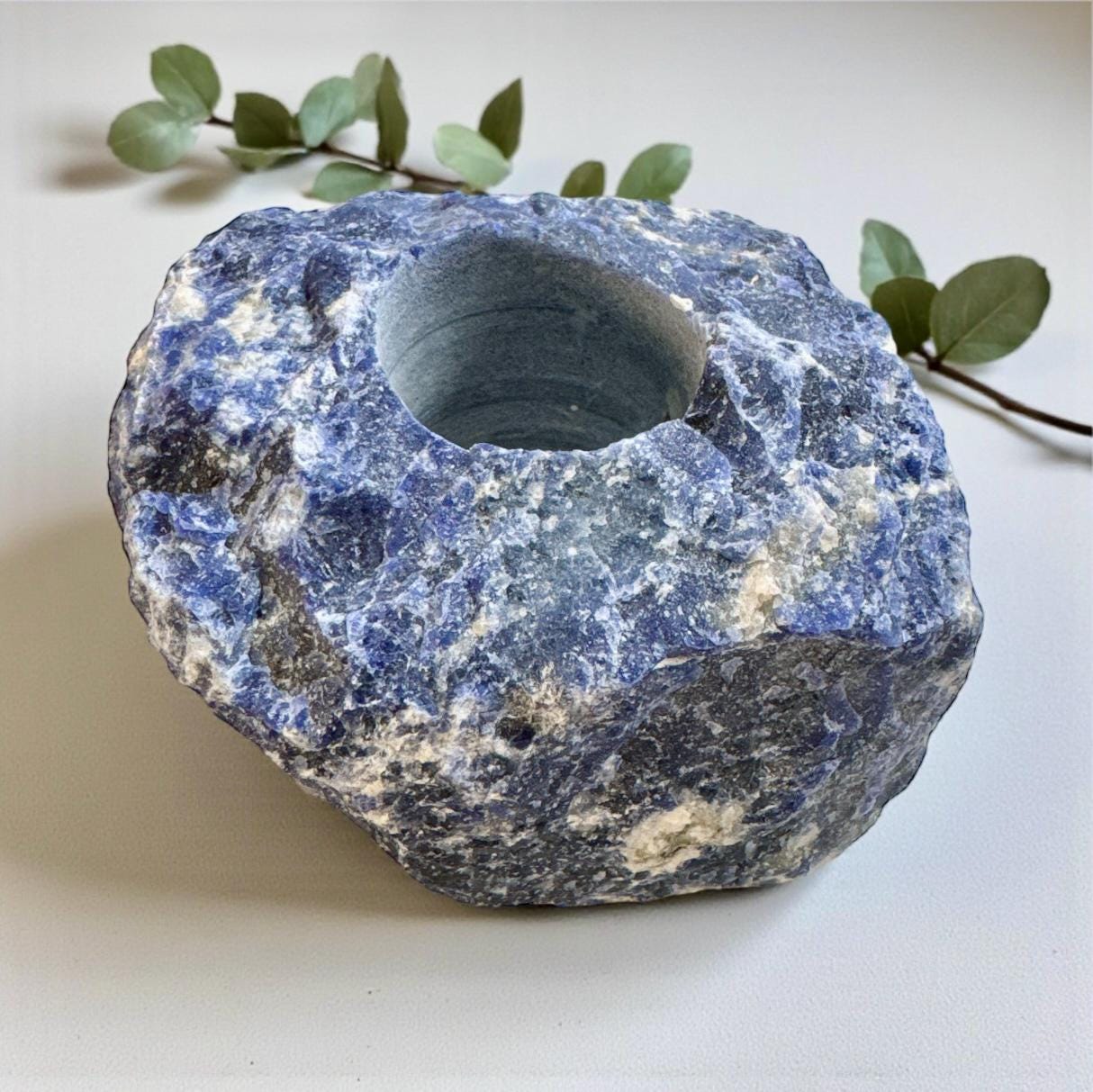 Raw Sodalite Crystal Candle Holder: Tranquility & Cosmic Energy