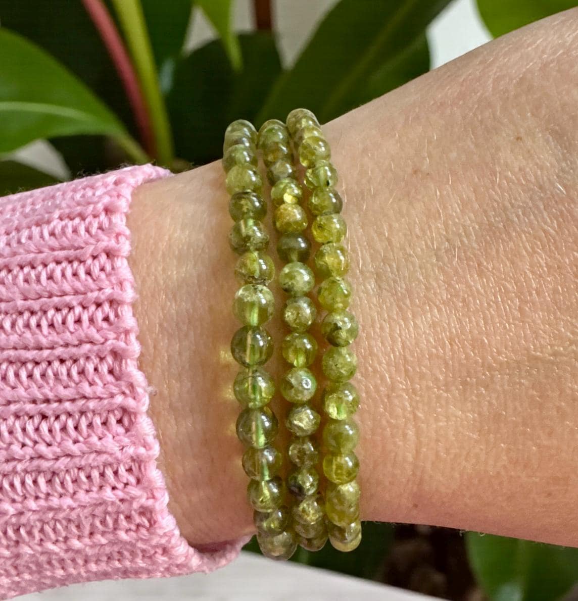 Handmade Peridot 3mm Crystal Bead Stretch Bracelet (7.5”)
