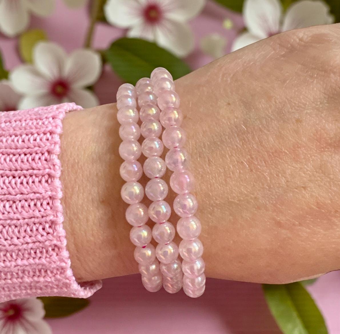 Rose Aura 5mm Quartz Bracelet: Rainbow Shimmer Crystal Jewelry, 7.5"