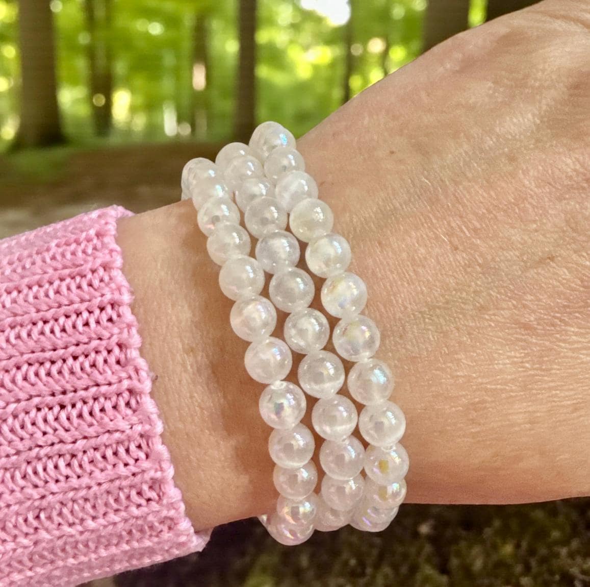 Angel Aura 5mm Quartz Bracelet: Rainbow Shimmer Crystal Jewelry, 7.5"