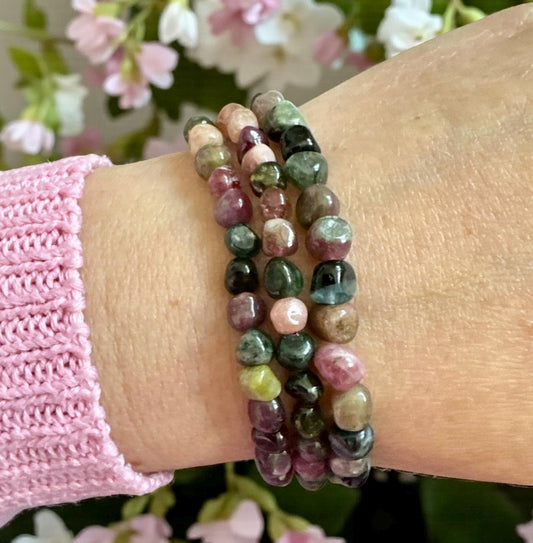 Watermelon Tourmaline Bracelet: Polished Crystal Beads, Joy & Balance - 7.5"