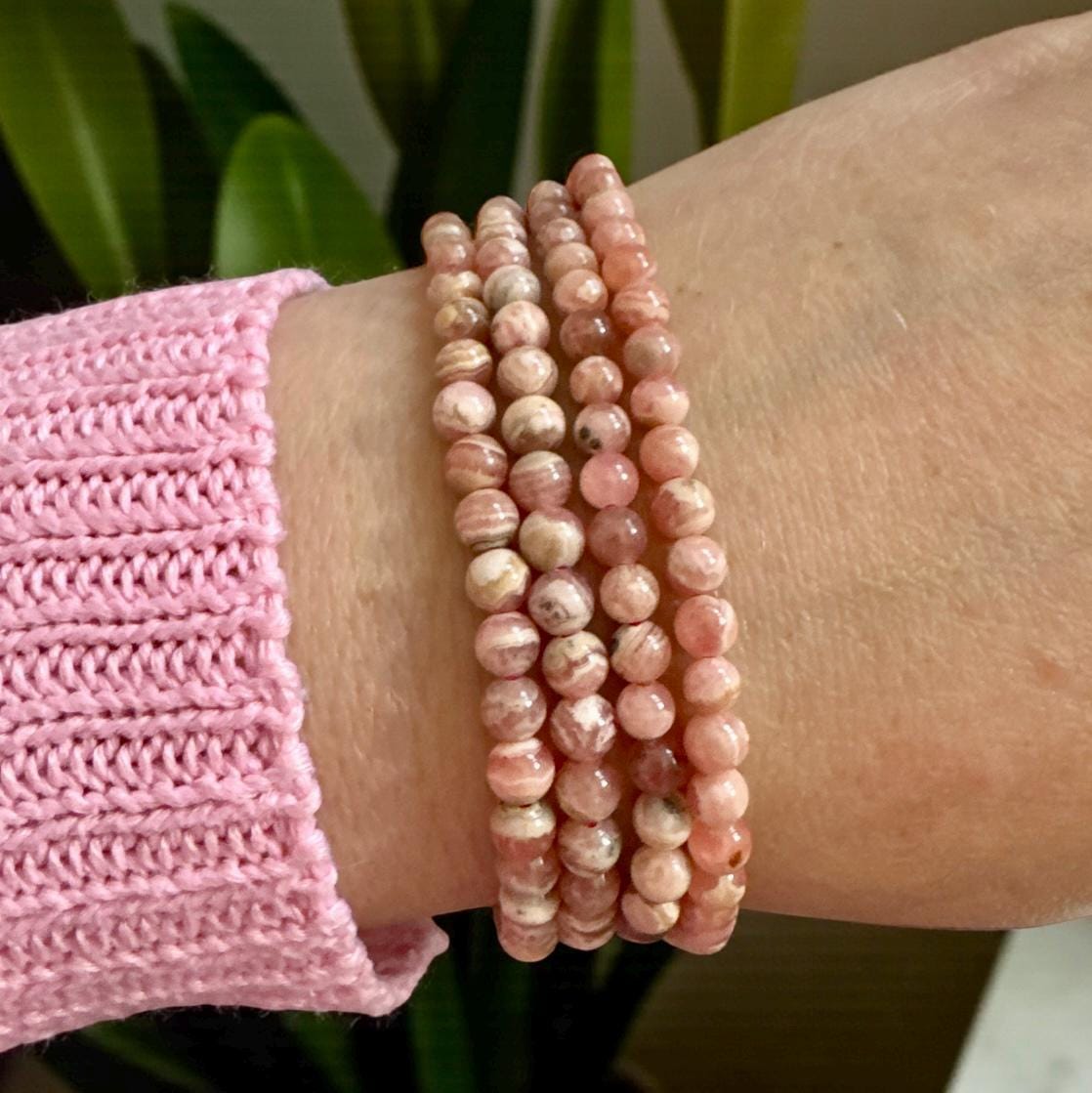 Rhodochrosite Beaded Bracelet: 4mm Crystal, Heart Healing (7.5")