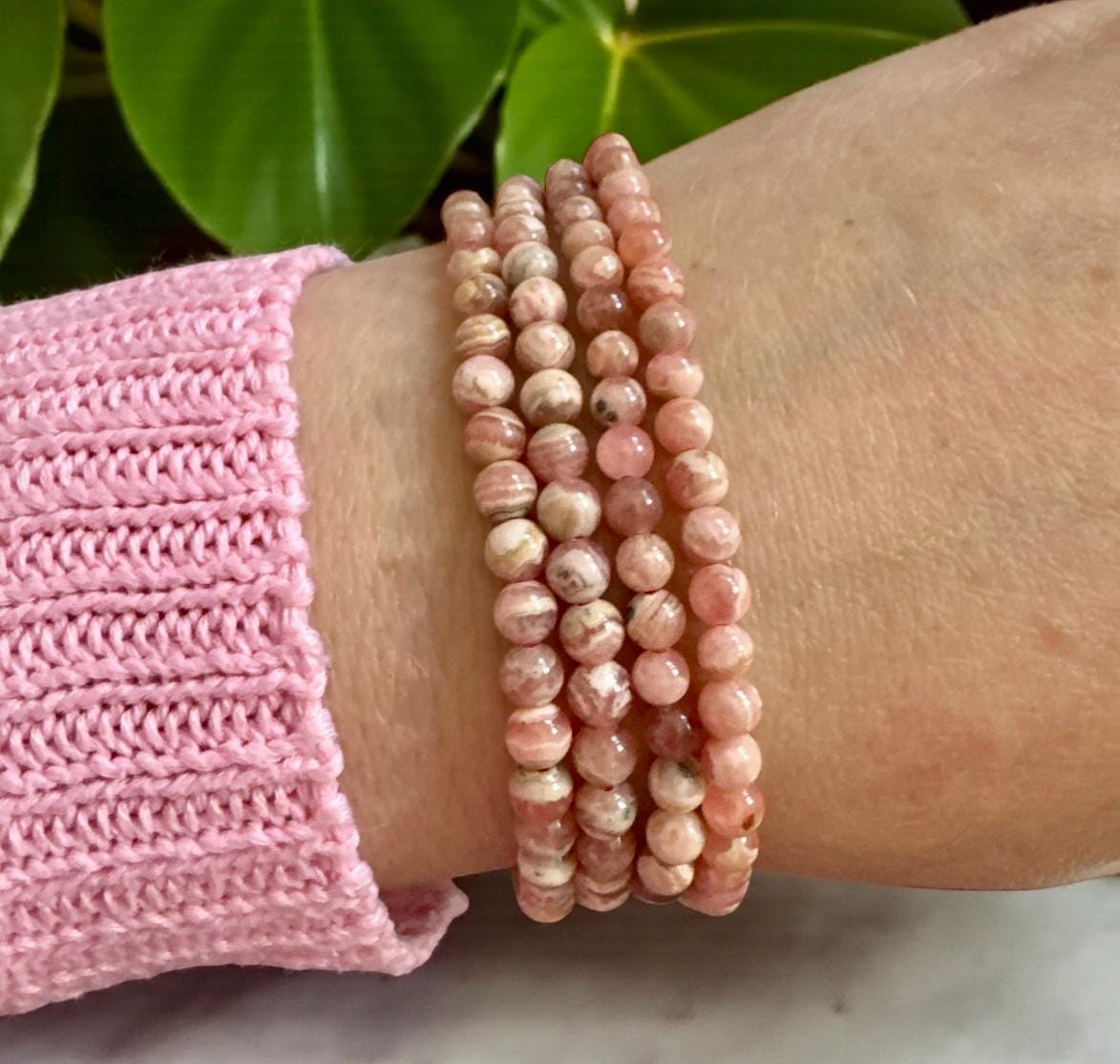 Rhodochrosite Beaded Bracelet: 4mm Crystal, Heart Healing (7.5")