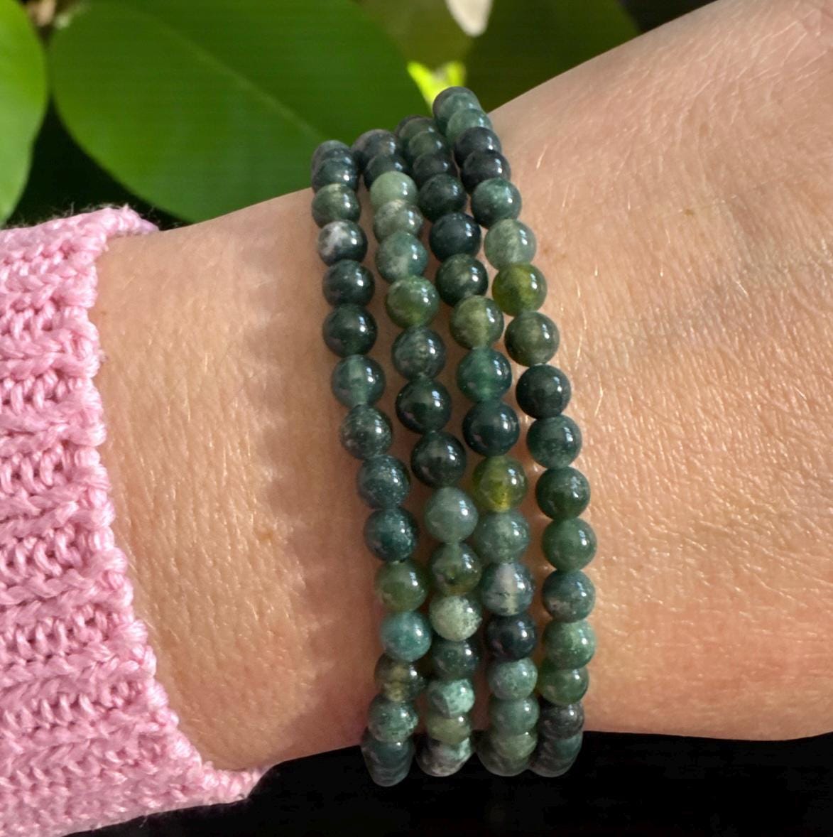 Moss Agate Crystal Bracelet: 3mm Polished Beads, 7.5. Grounding Energy