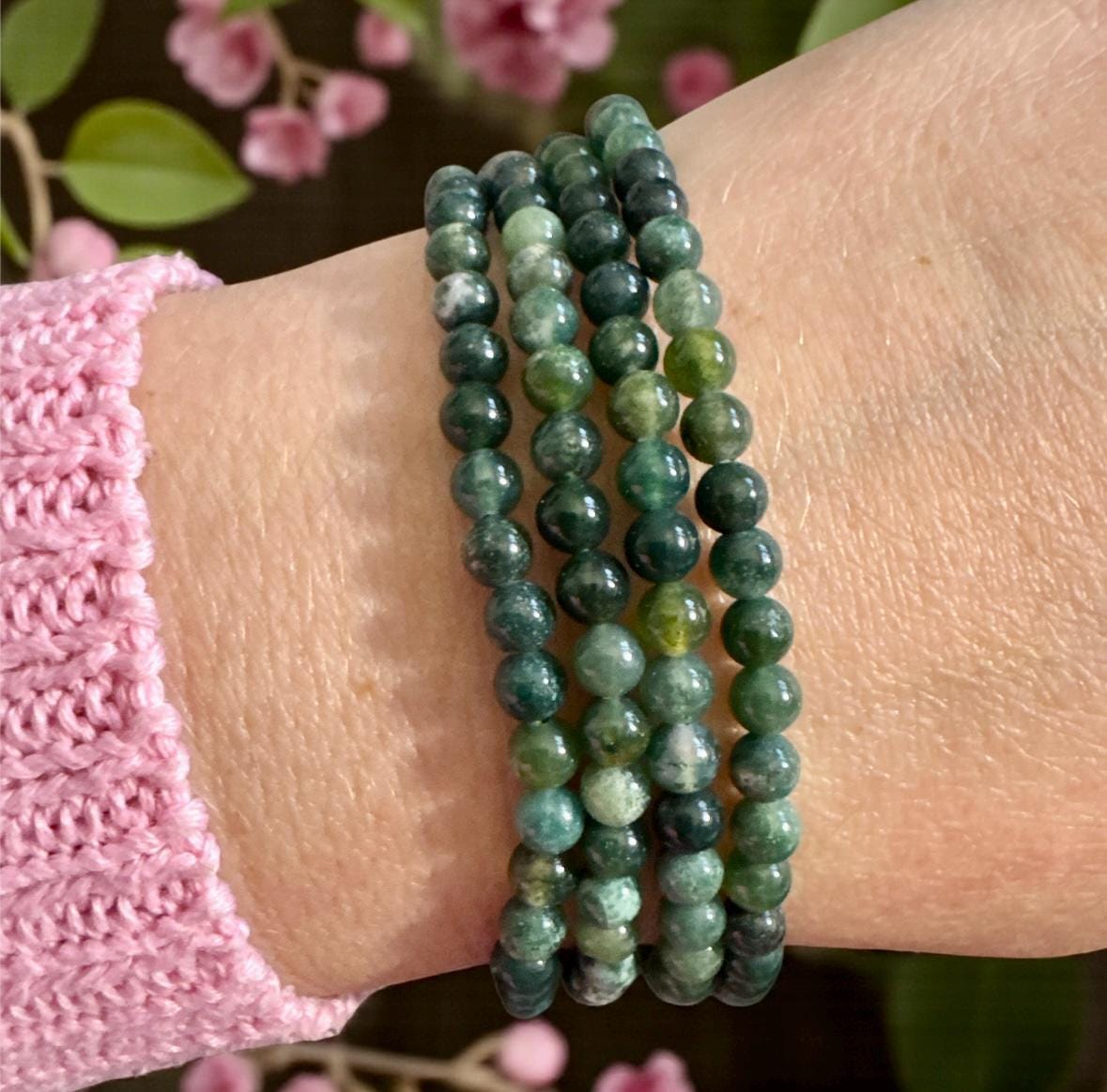 Moss Agate Crystal Bracelet: 3mm Polished Beads, 7.5. Grounding Energy