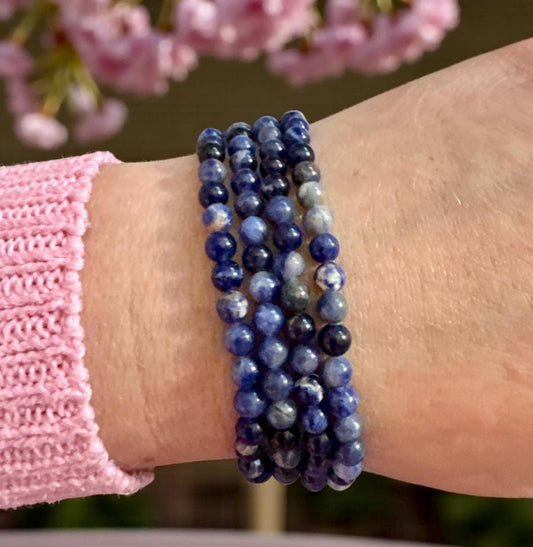 Sodalite Crystal Bracelet: 3mm Polished Blue Beads, Calm & Clarity