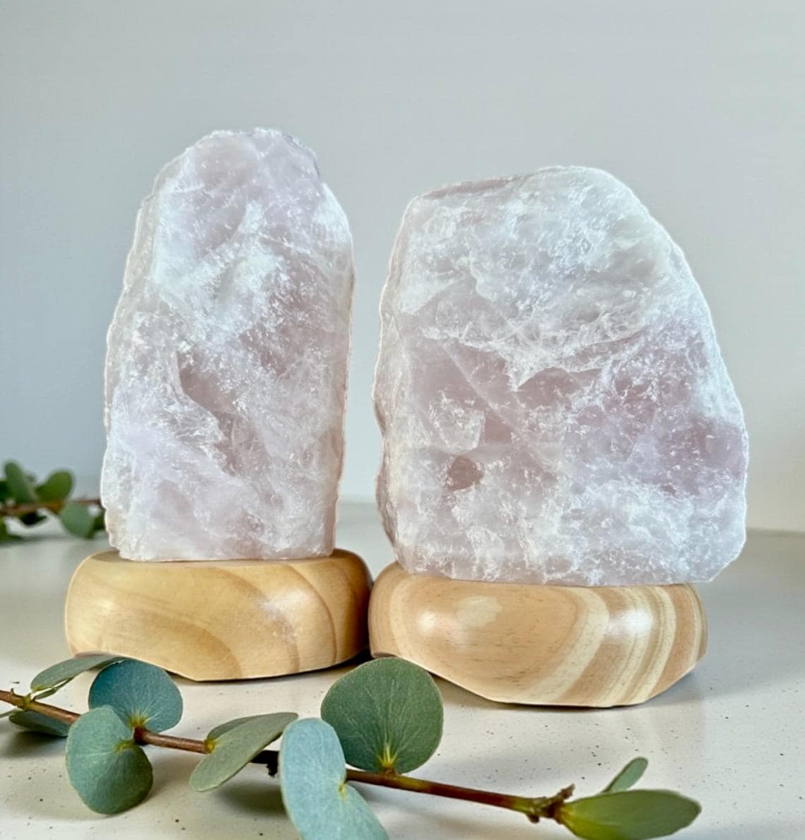 Rose Quartz Crystal Lamp - 1.4kg-1.8kg: On wooden Stand, E14 LED Bulb and Mains Plug