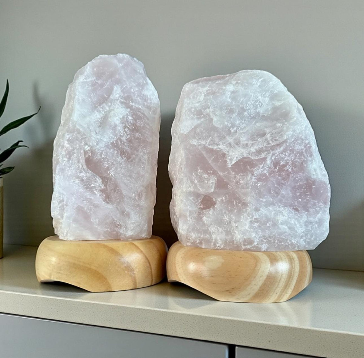 Rose Quartz Crystal Lamp - 1.4kg-1.8kg: On wooden Stand, E14 LED Bulb and Mains Plug