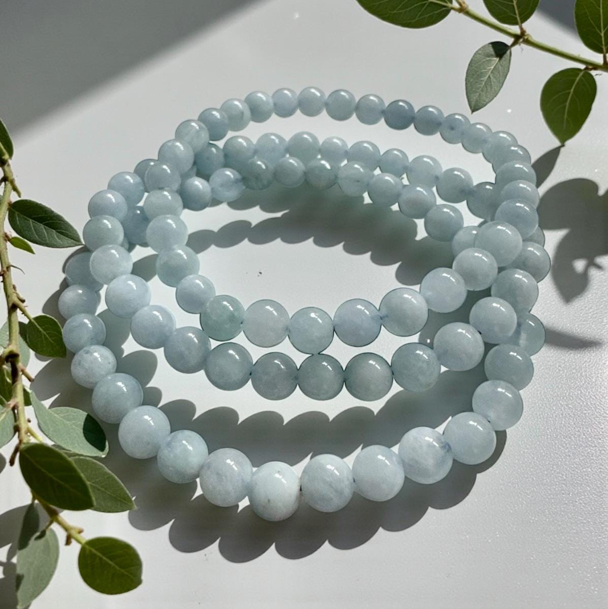 Aquamarine Crystal 6mm Bead Bracelet: Calm Energy, Luna by Louise 7.5"