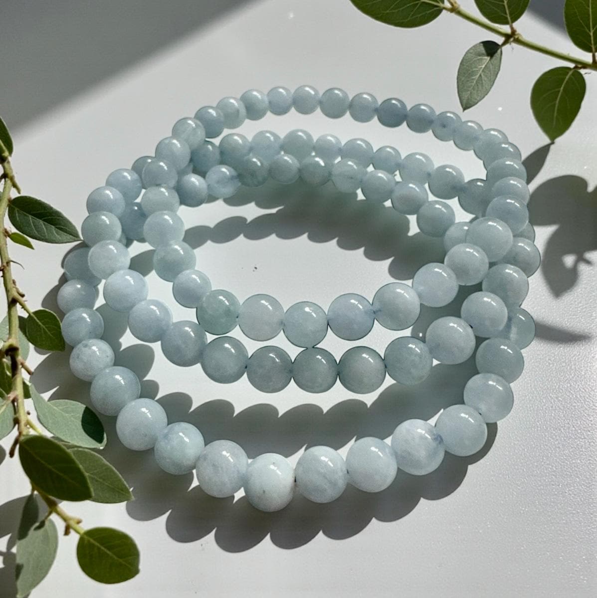 Aquamarine Crystal 6mm Bead Bracelet: Calm Energy, Luna by Louise 7.5"