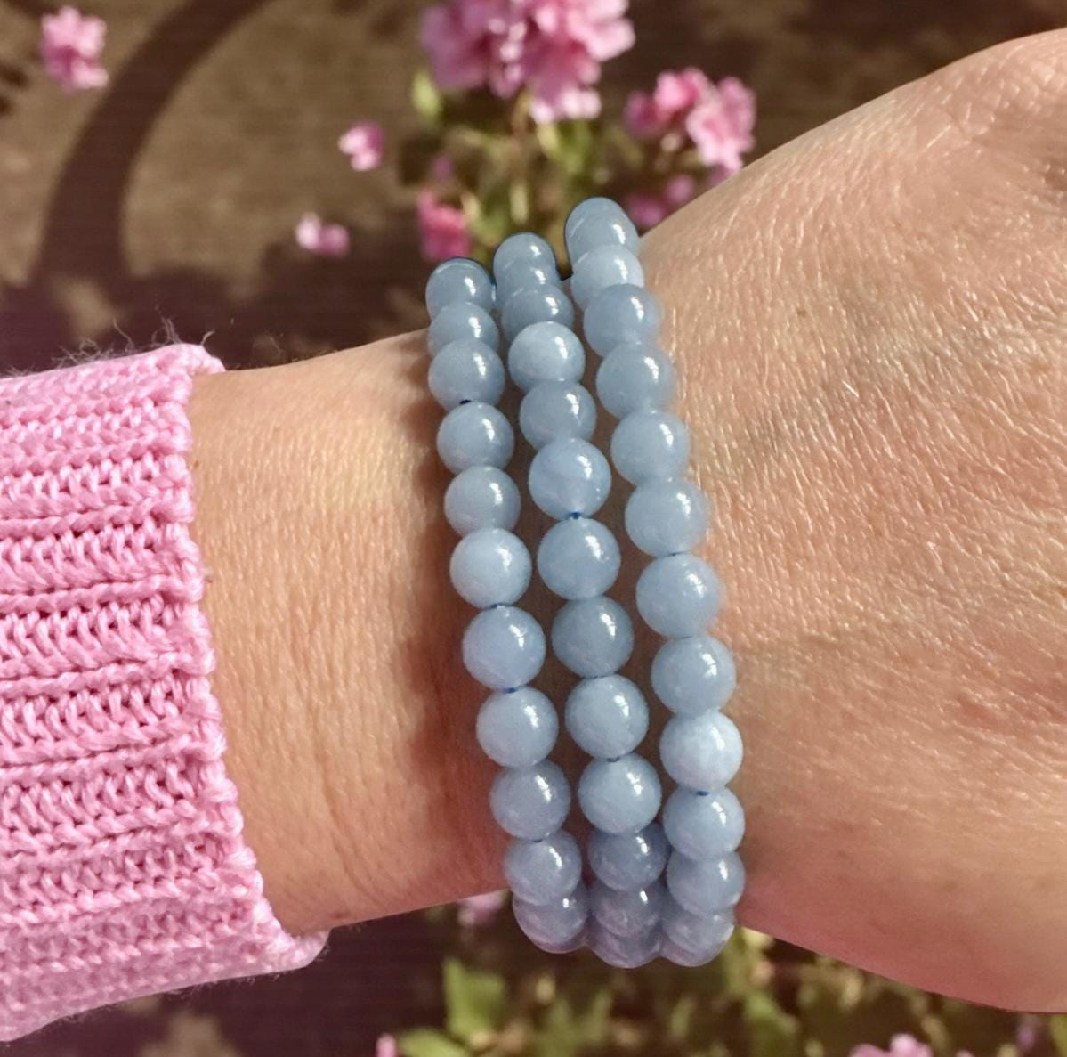 Angelite Crystal 6mm Bead Bracelet: Calm Energy, Luna by Louise 7.5"