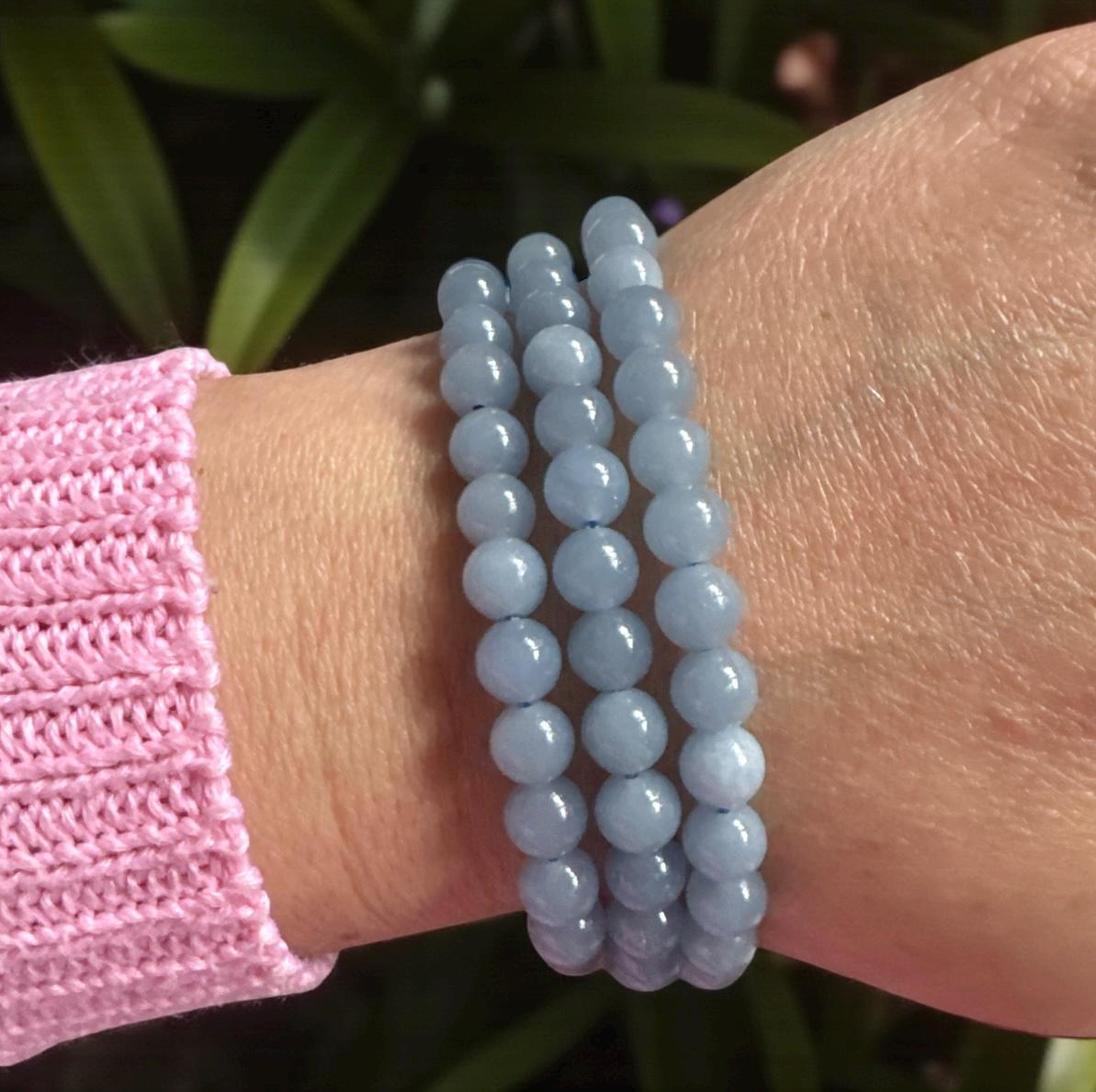 Angelite Crystal 6mm Bead Bracelet: Calm Energy, Luna by Louise 7.5"