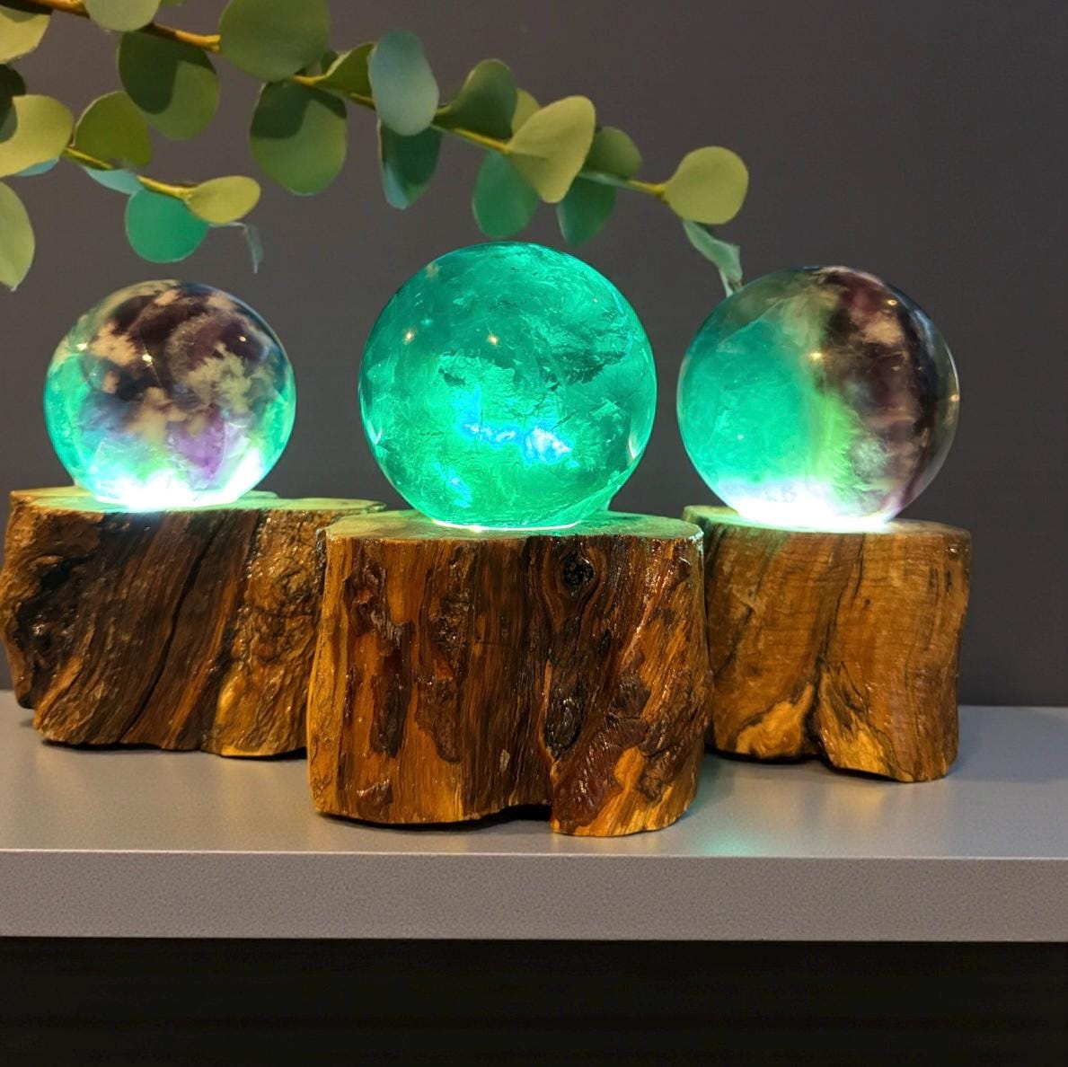 Feather Fluorite Sphere USB Lamp on Wooden Branch Base.