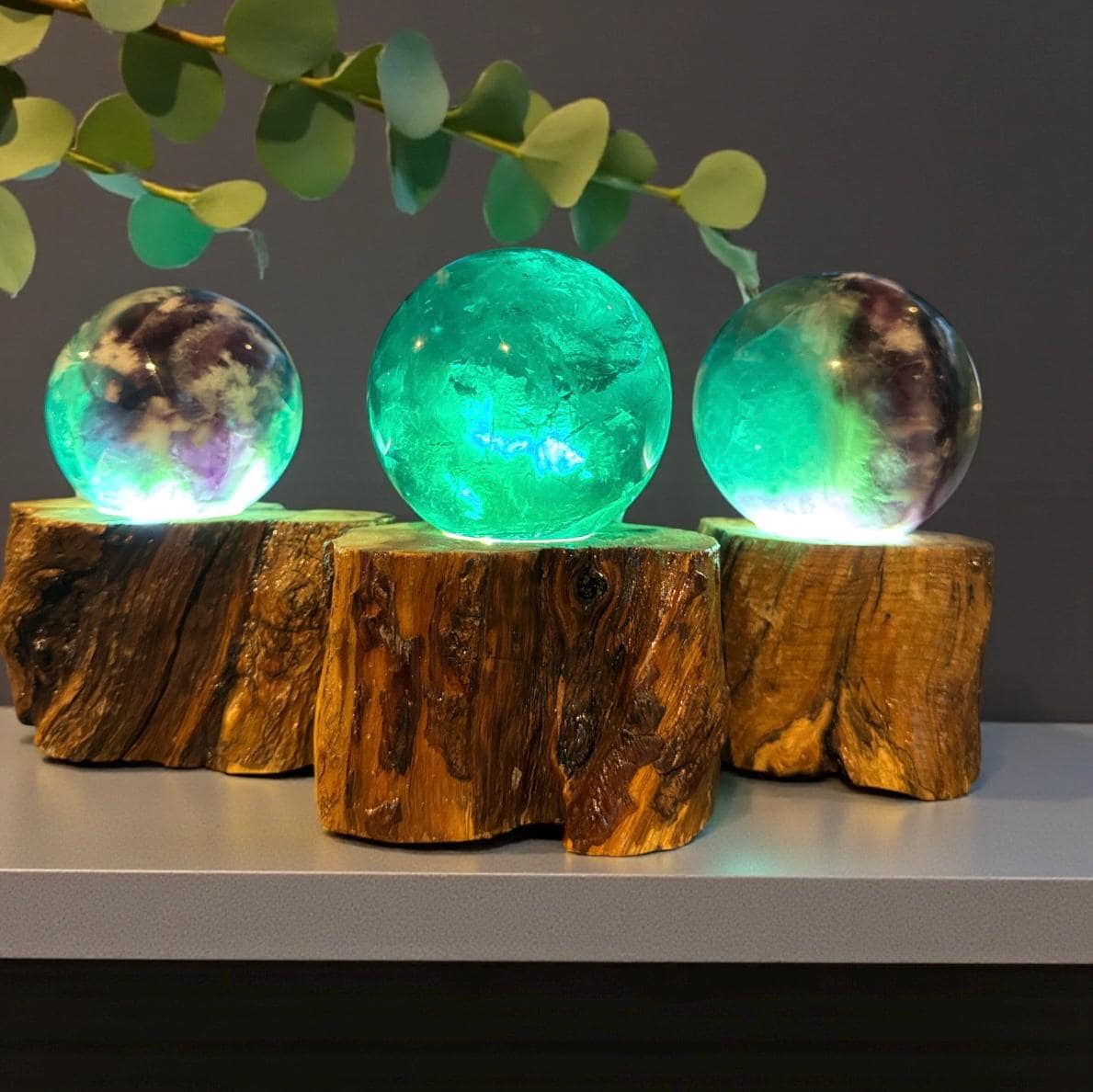Green Fluorite Sphere Lamp, Wooden Branch Base, USB Powered