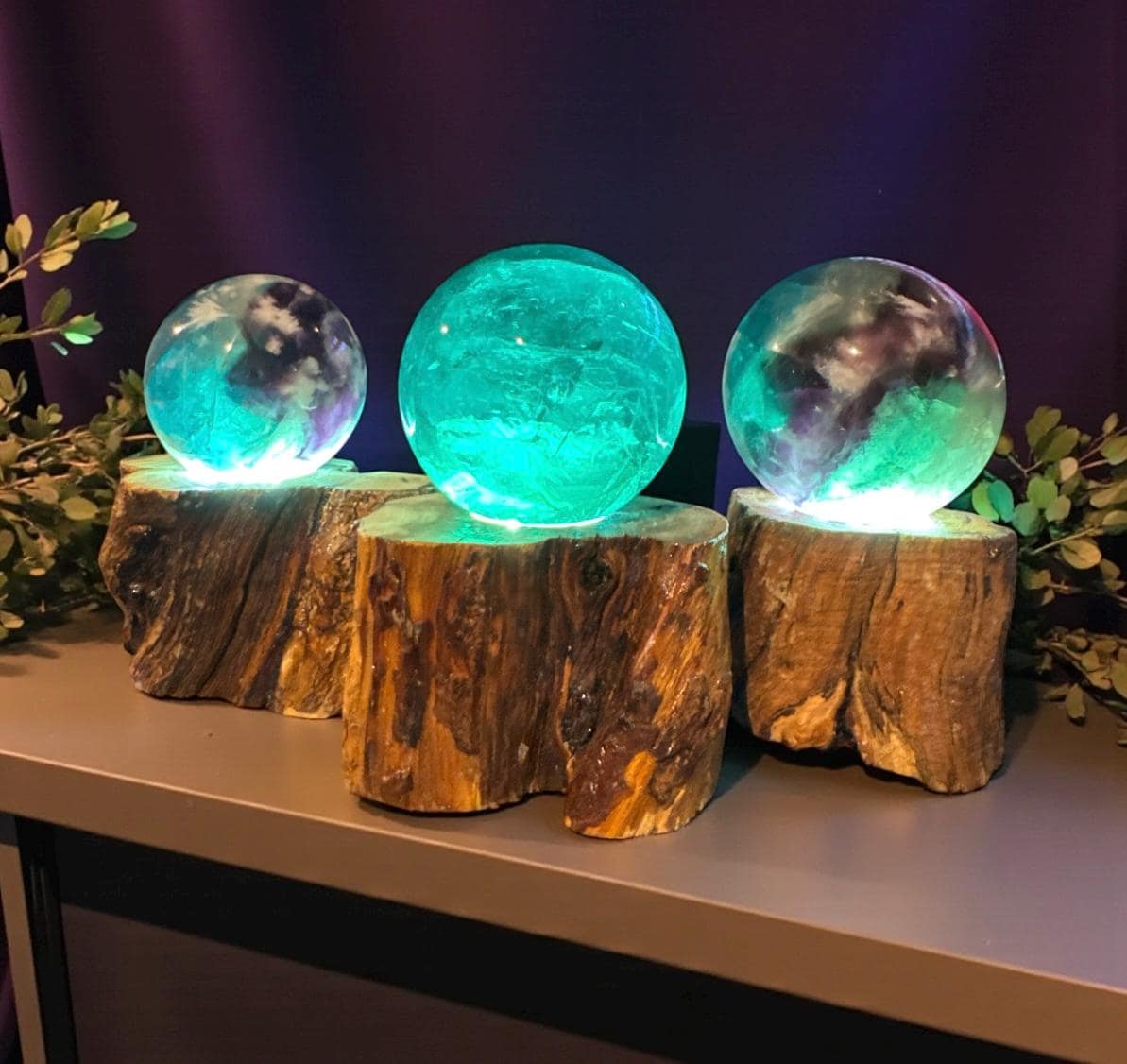 Feather Fluorite Sphere USB Lamp on Wooden Branch Base.