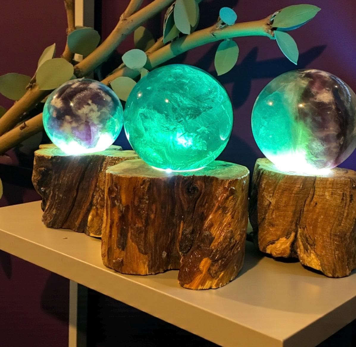 Feather Fluorite Sphere USB Lamp on Wooden Branch Base.