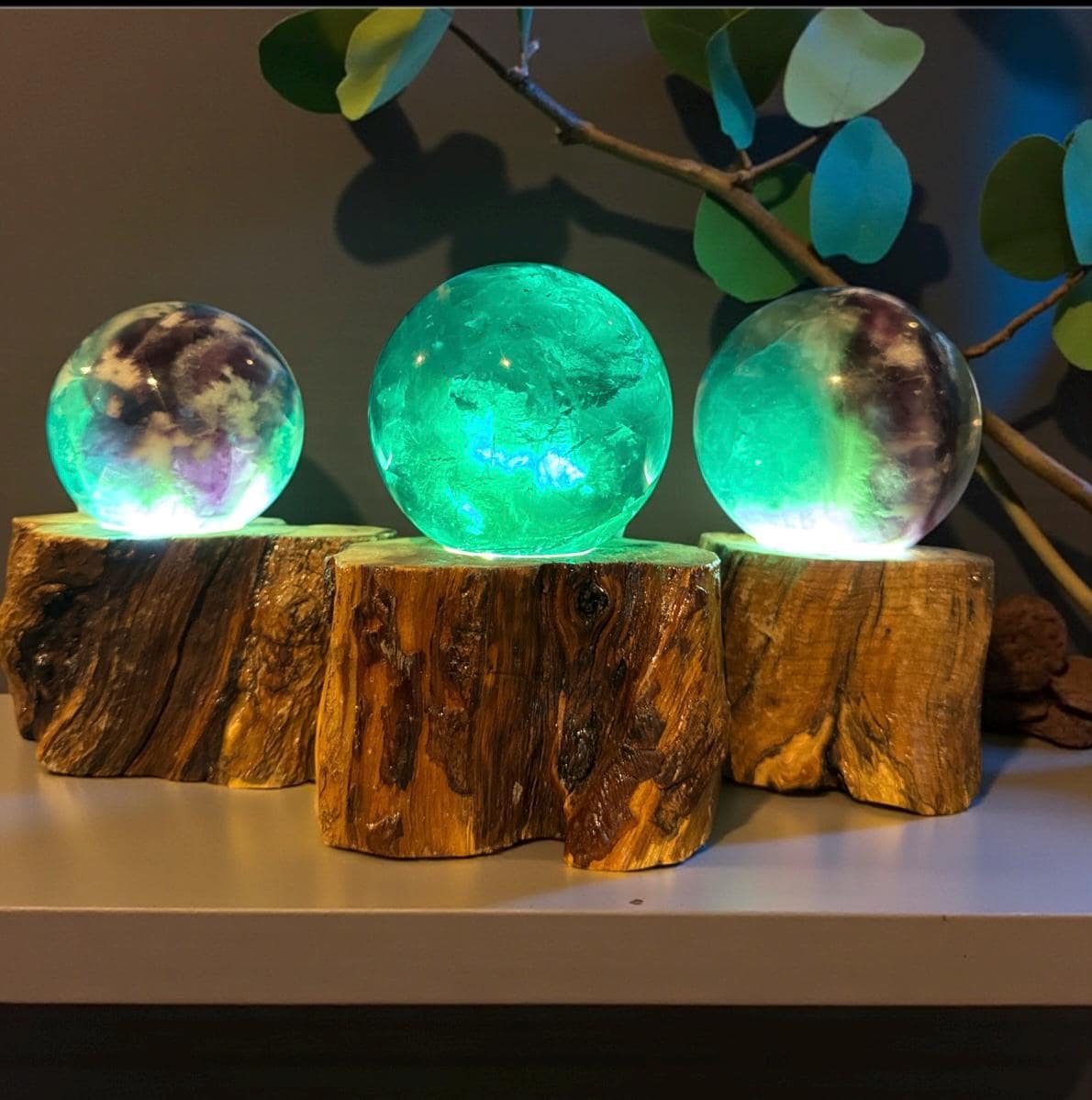 Feather Fluorite Sphere USB Lamp on Wooden Branch Base.