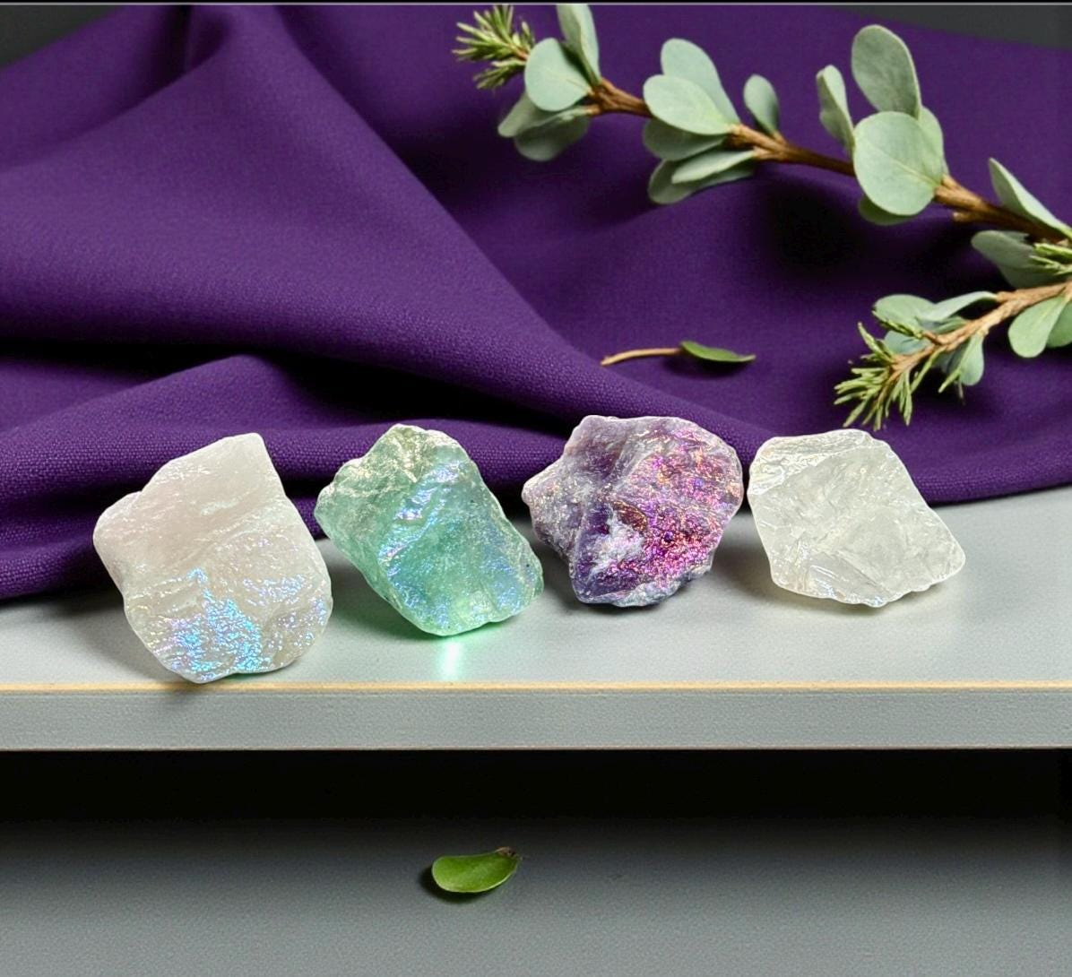 Aura Crystal Set – Raw Amethyst, Rose Quartz, Fluorite, Angel Quartz