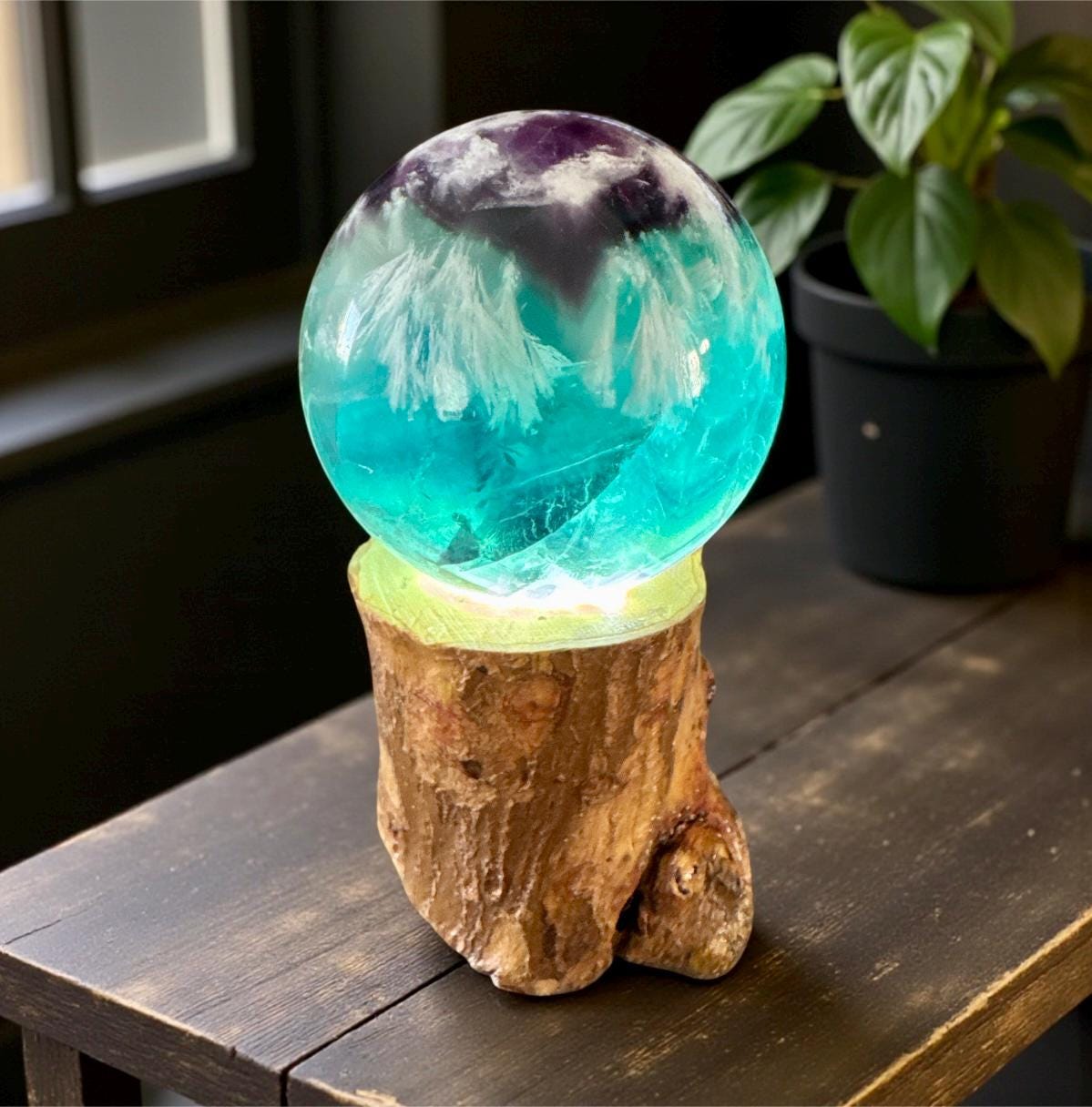 Feather Fluorite Sphere USB Lamp on Wooden Branch Base.