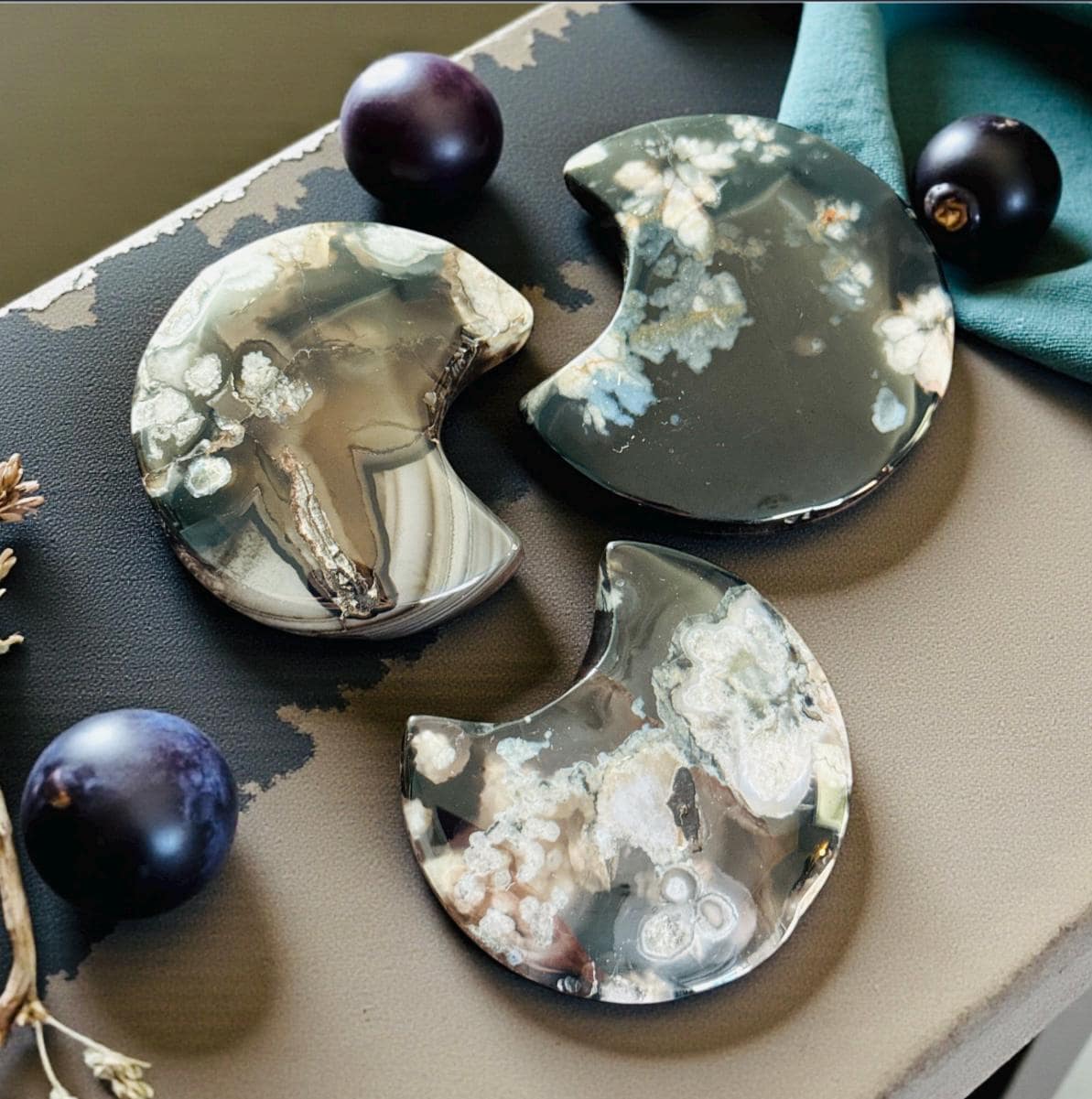 Black Flower / Blossom Agate Crescent Moon: Rare Growth Crystal Carving