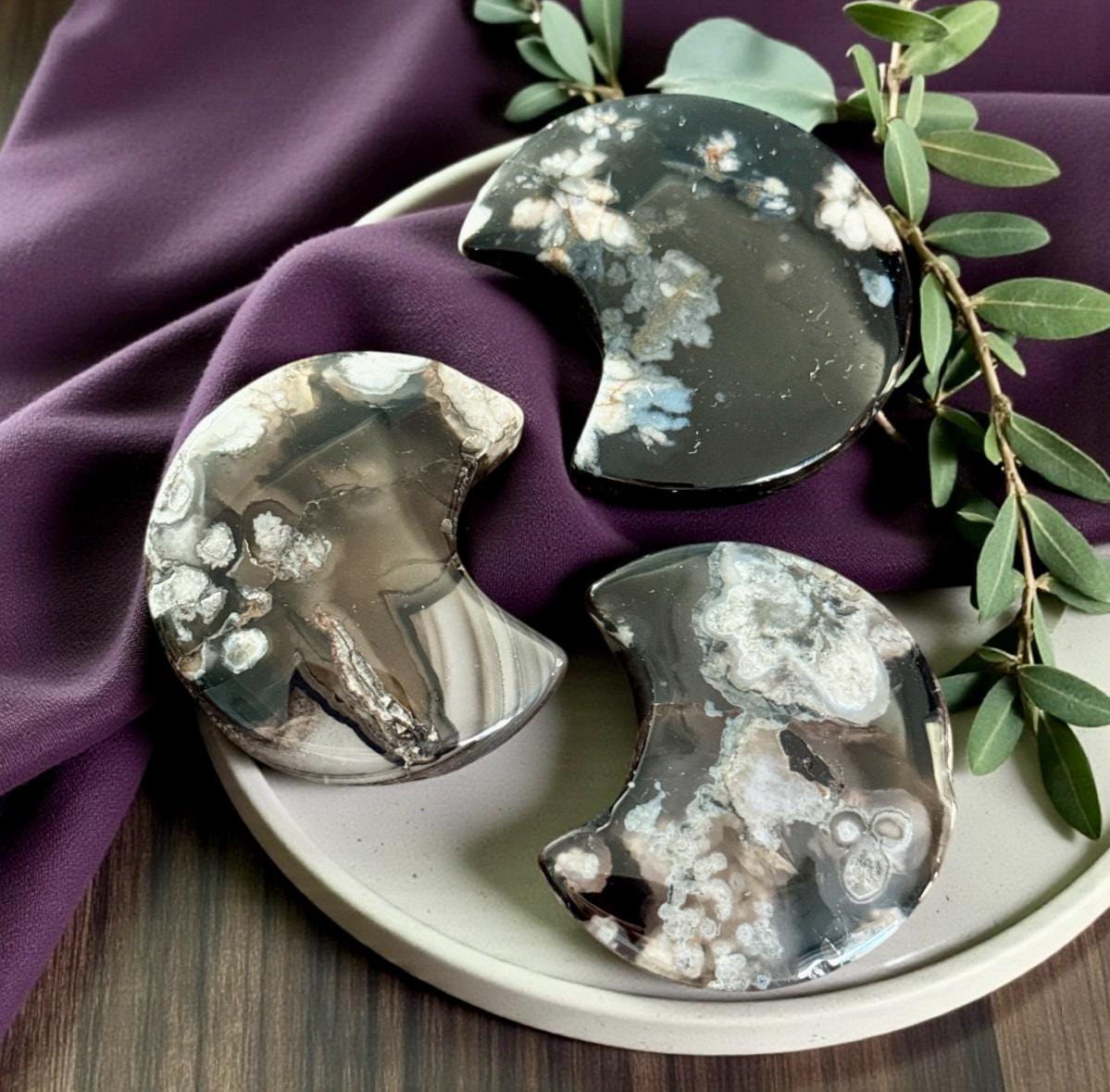 Black Flower / Blossom Agate Crescent Moon: Rare Growth Crystal Carving