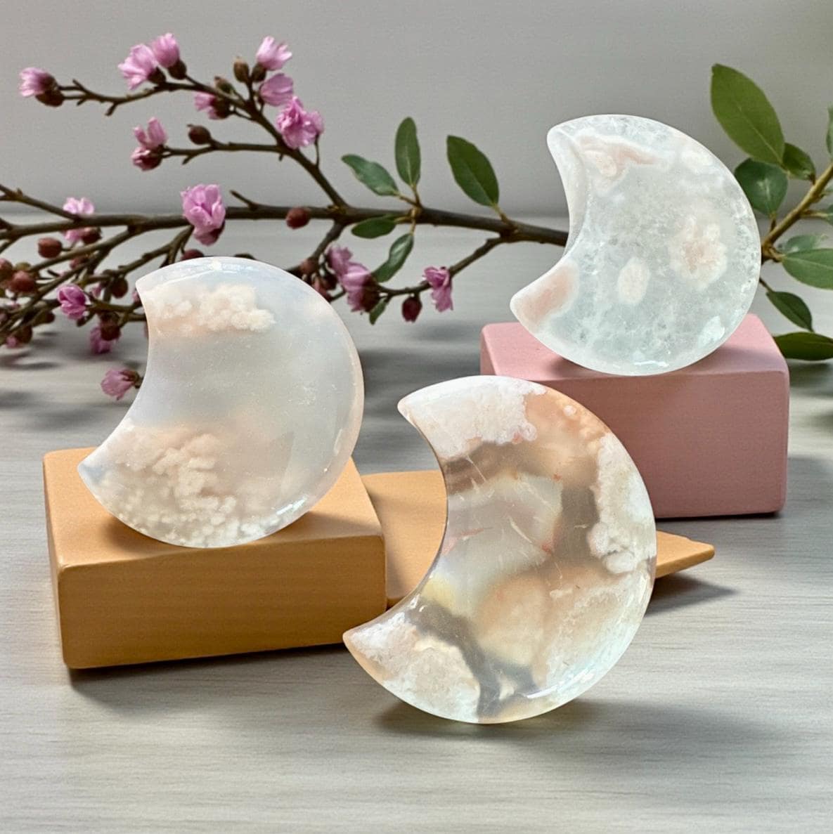 Flower\Blossom Agate Crescent Moon – Luna by Louise, Crystal Shop UK