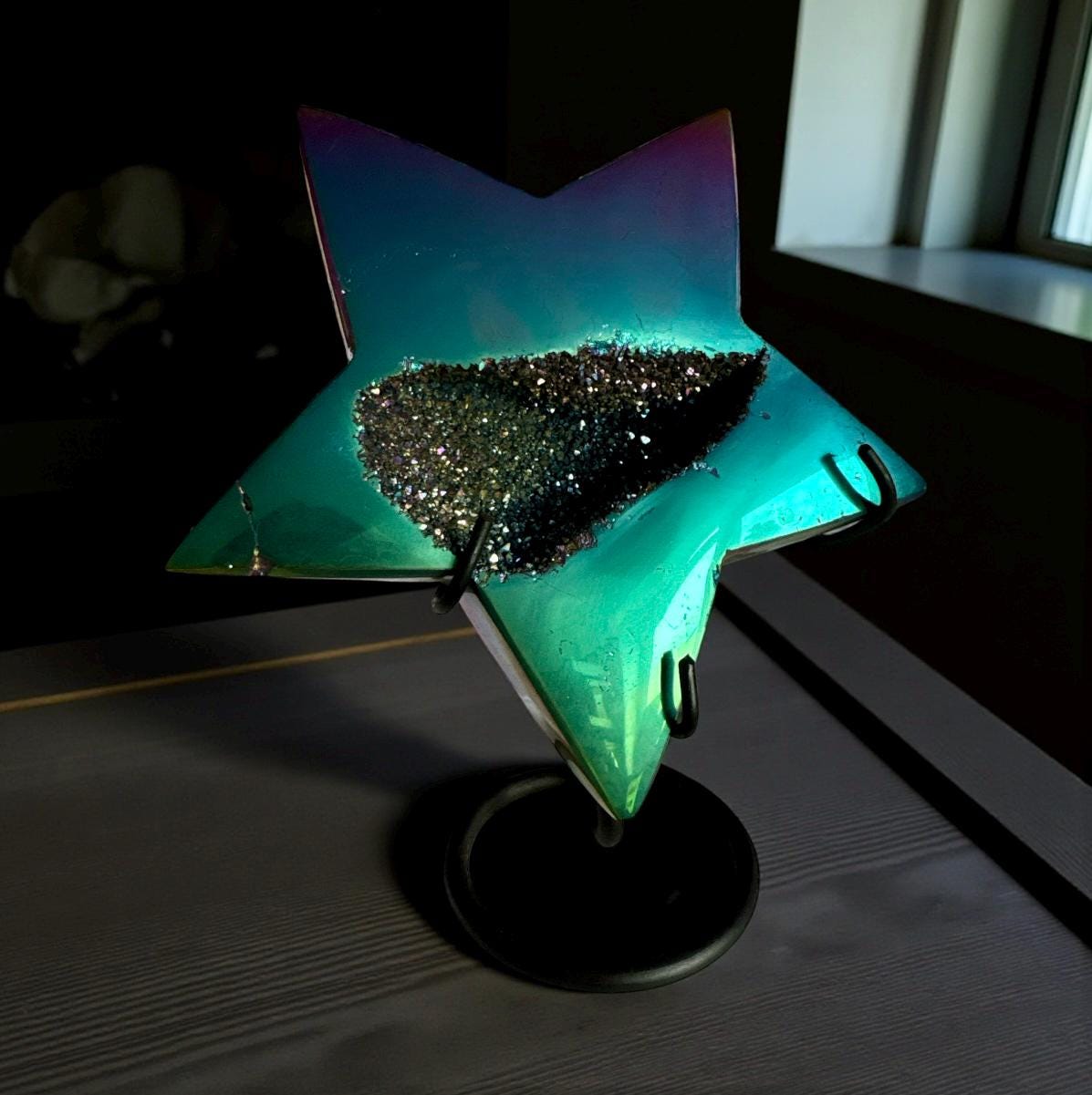 Aura Agate Druze Star Crystal: Titanium Star on Stand – 15cm