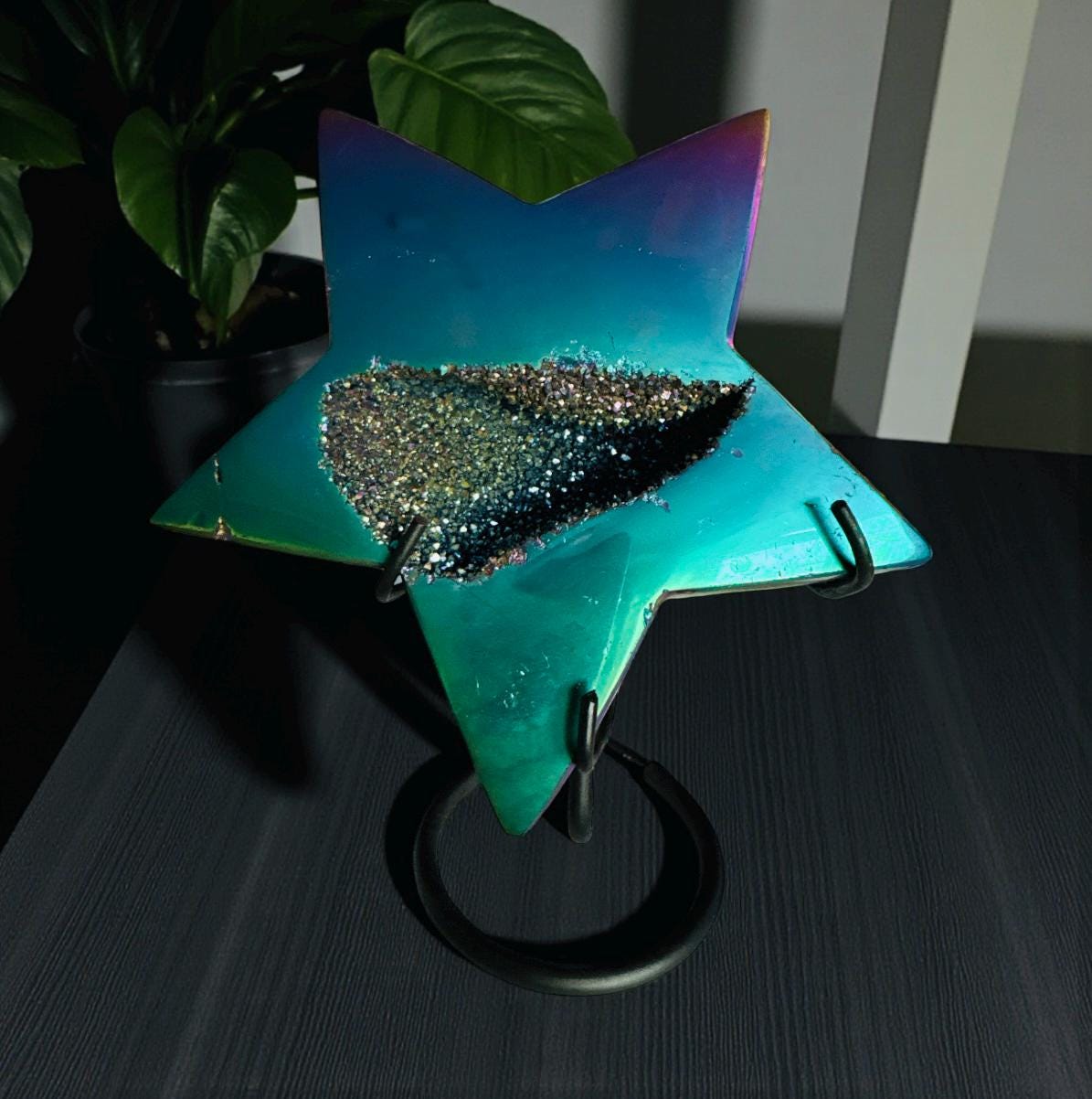 Aura Agate Druze Star Crystal: Titanium Star on Stand – 15cm