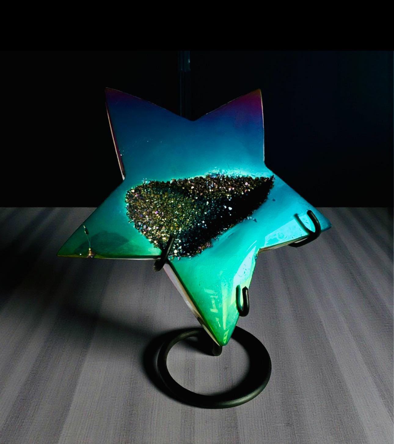 Aura Agate Druze Star Crystal: Titanium Star on Stand – 15cm