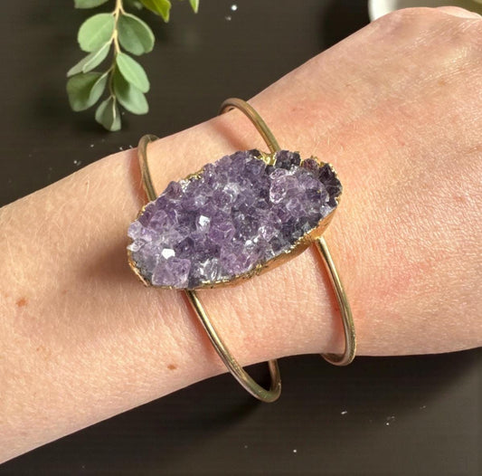Amethyst Druzy Cuff Bangle: Crystal Healing Bangle. Handmade Gold Plated