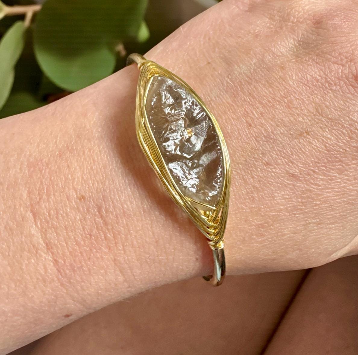 Smokey Quartz Cuff Bangle: Raw Crystal Bracelet. Gold Plated