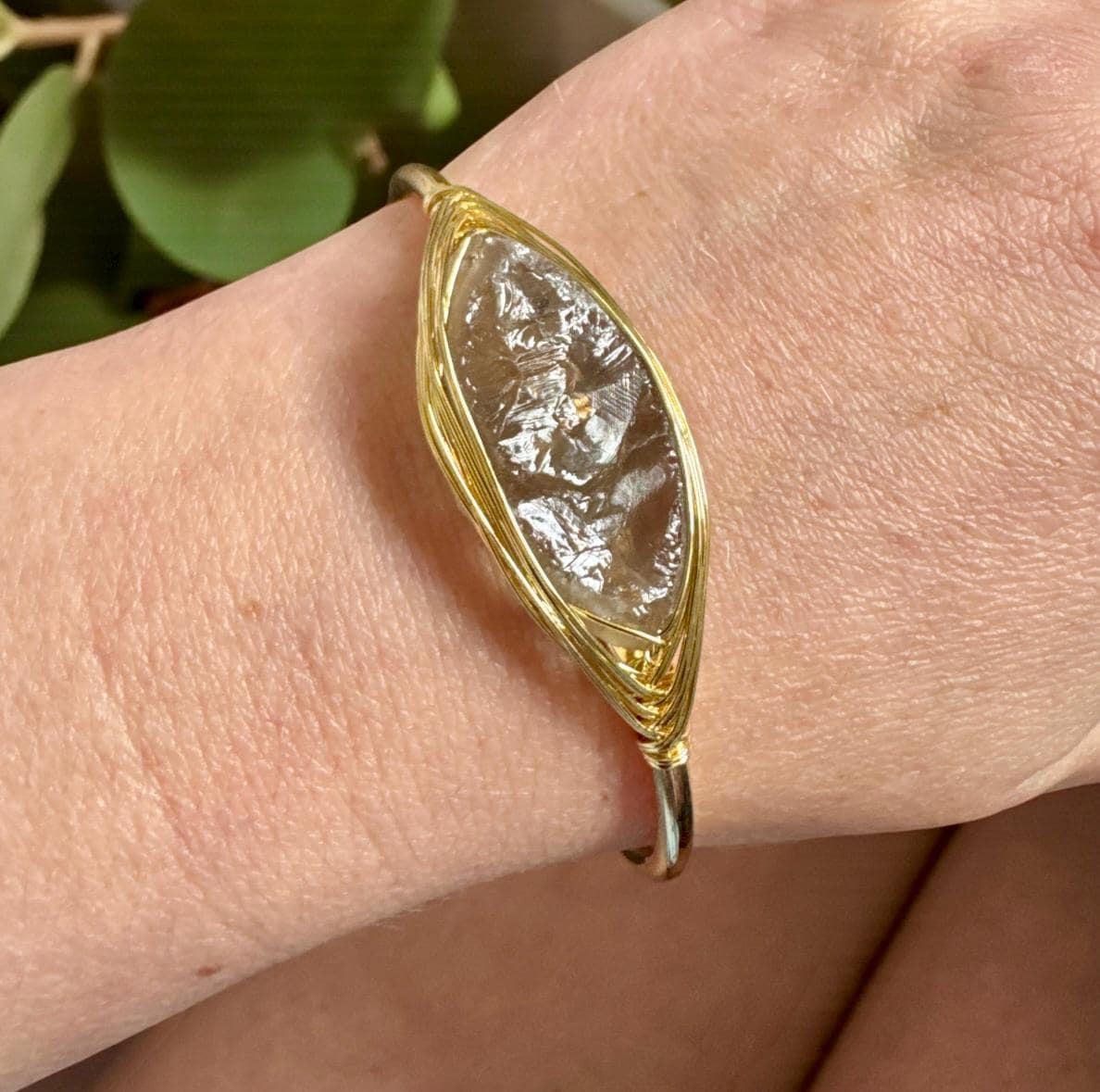 Smokey Quartz Cuff Bangle: Raw Crystal Bracelet. Gold Plated