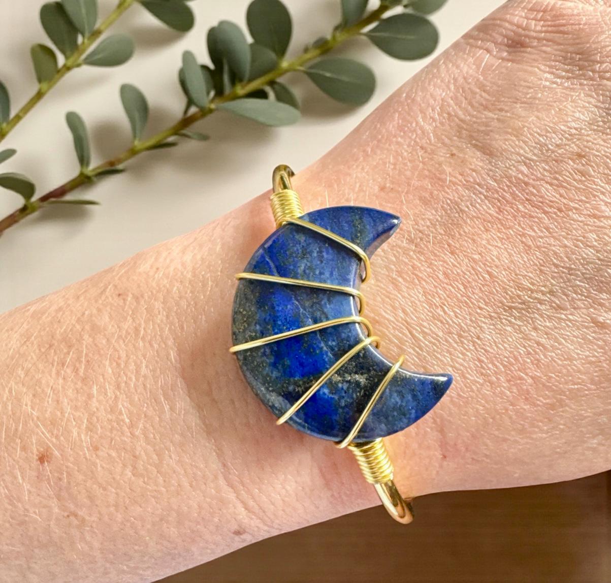 Lapis Lazuli Moon Bangle: Gold Plated Crystal Cuff. Handmade