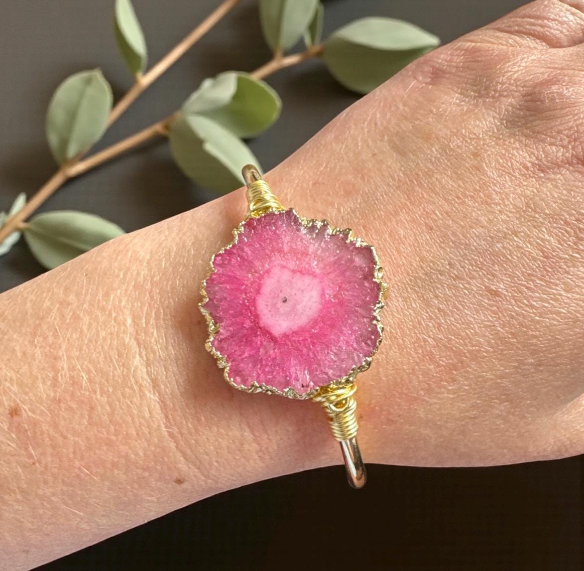 Handmade Pink Agate Cuff Bangle: Gold Plated Crystal Bracelet
