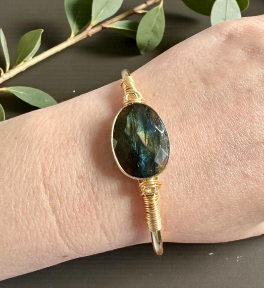 Labradorite Cuff Bangle: Crystal Healing Bangle. Handmade and Gold Plated