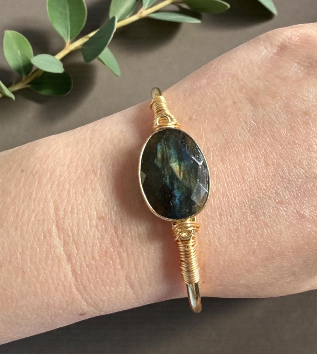 Labradorite Cuff Bangle: Crystal Healing Bangle. Handmade and Gold Plated