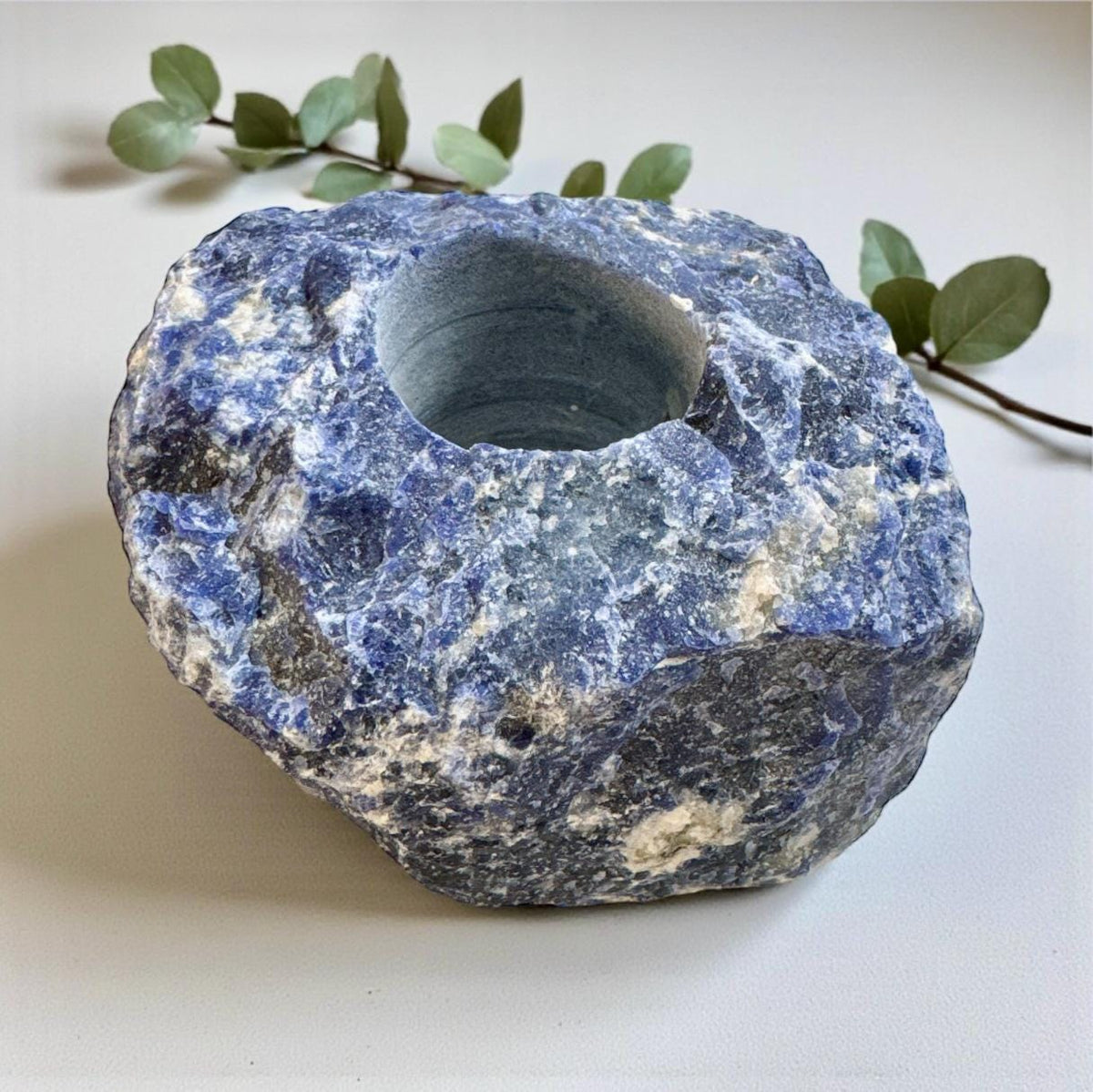 Raw Sodalite Crystal Candle Holder: Tranquility & Cosmic Energy
