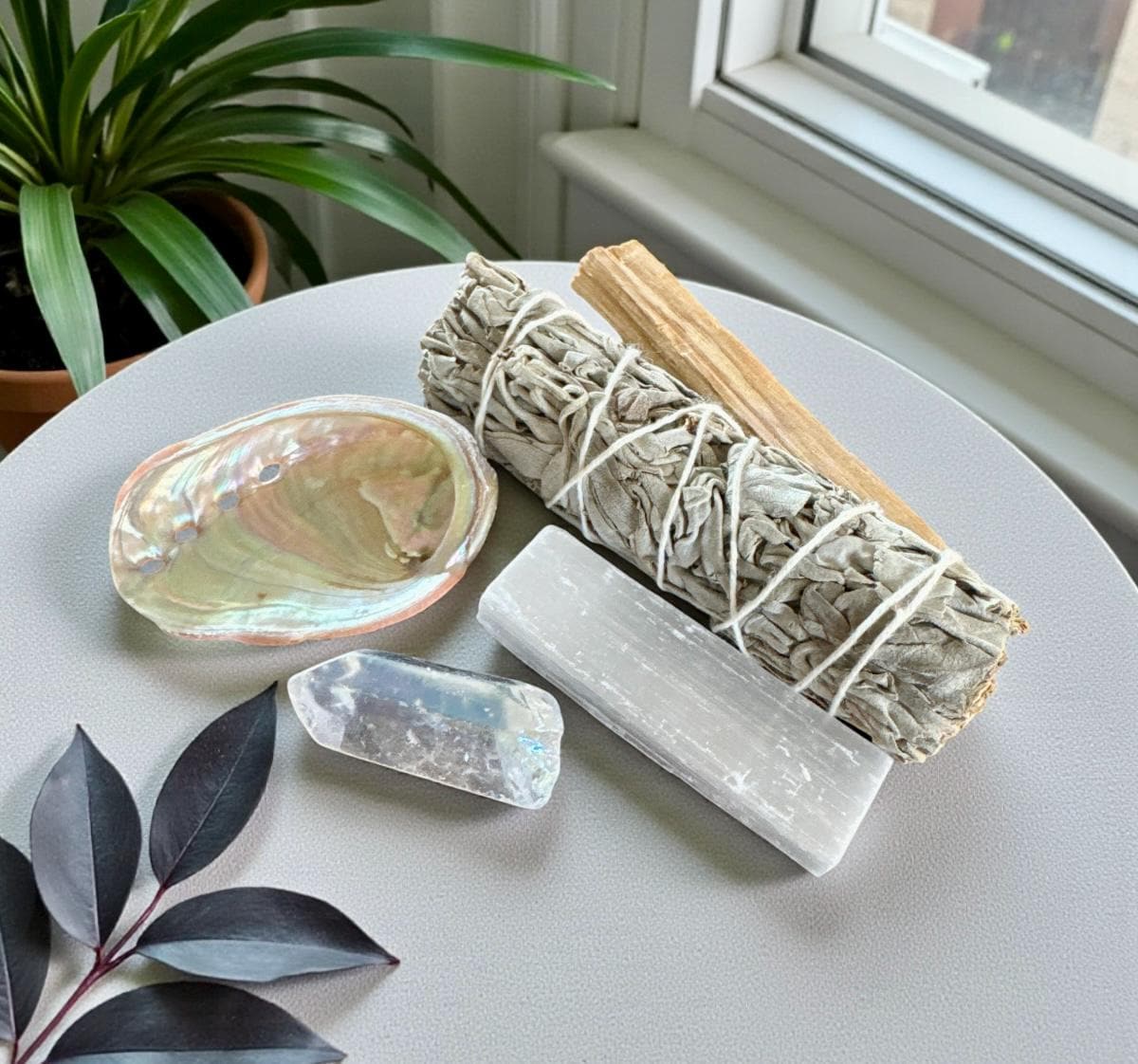 Smudge Cleansing Set – Abalone Shell • Selenite Stick • Palo Santo • Sage Bundle