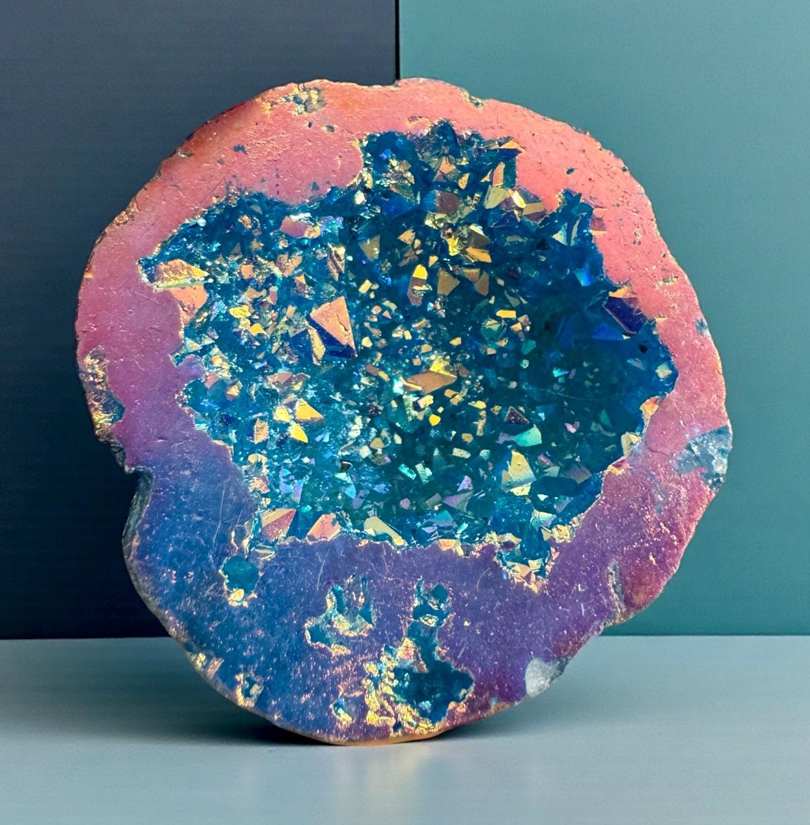 Aqua Aura and Pink Aura Quartz Geode: Northern Lights Crystal Gift