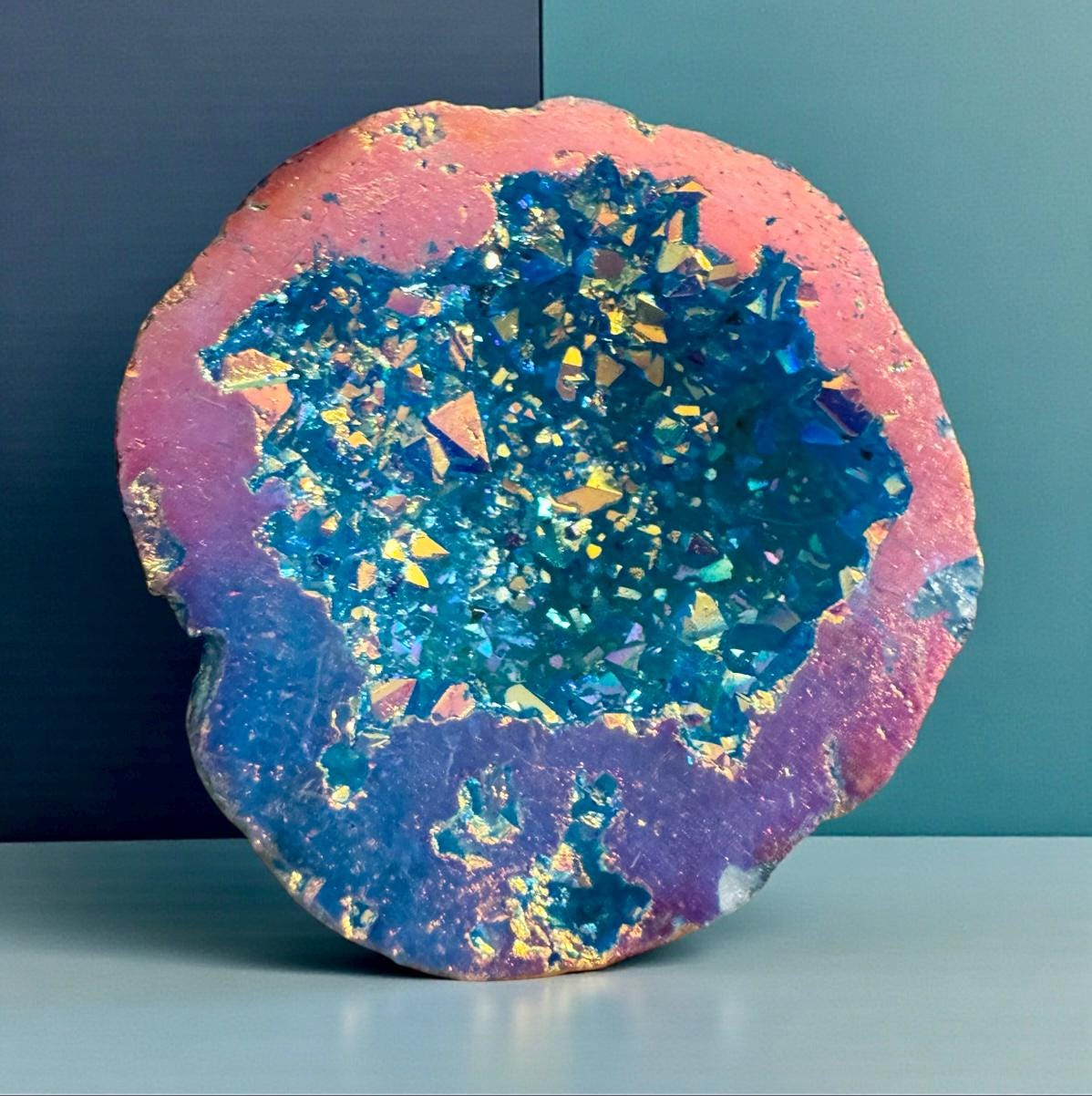 Aqua Aura and Pink Aura Quartz Geode: Northern Lights Crystal Gift