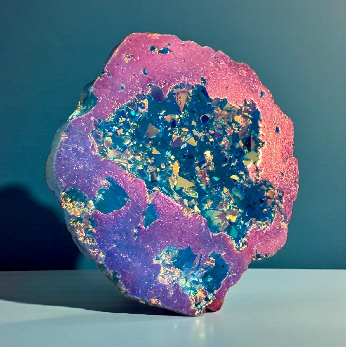 Aqua Aura and Pink Aura Quartz Geode: Northern Lights Crystal Gift