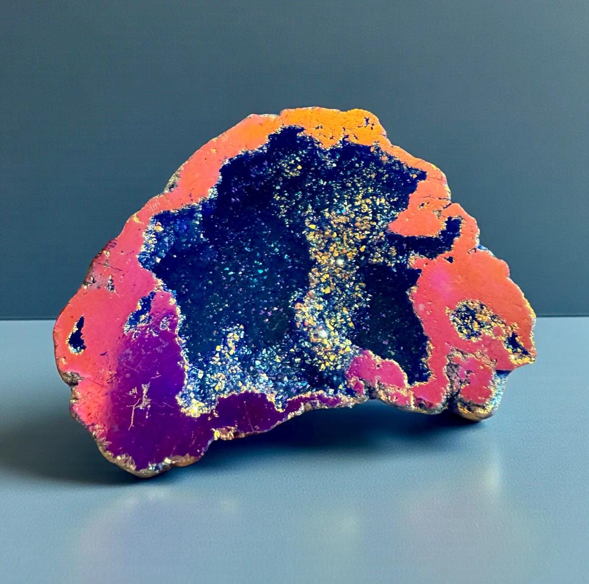 Midnight Blue and Pink Aura Geode: Midnight Sparkle Crystal, Gift Boxed