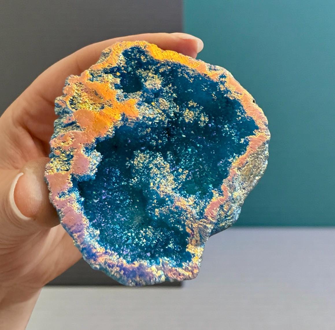 Aura Quartz Geode Gift Box, Rainbow Crystal Decor, Spiritual Keepsake, Luna by Louise UK