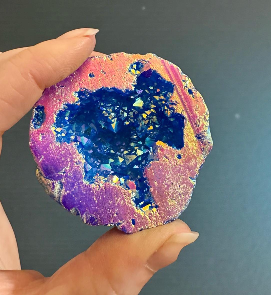 Aura Quartz Geode Gift Box, Rainbow Crystal Decor, Spiritual Keepsake, Luna by Louise UK