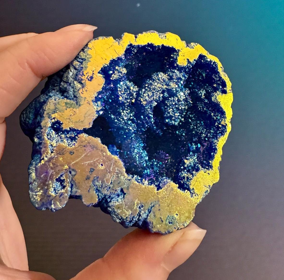 Midnight Blue and Sunset Aura Geode: Midnight Sparkle Crystal, Gift Boxed