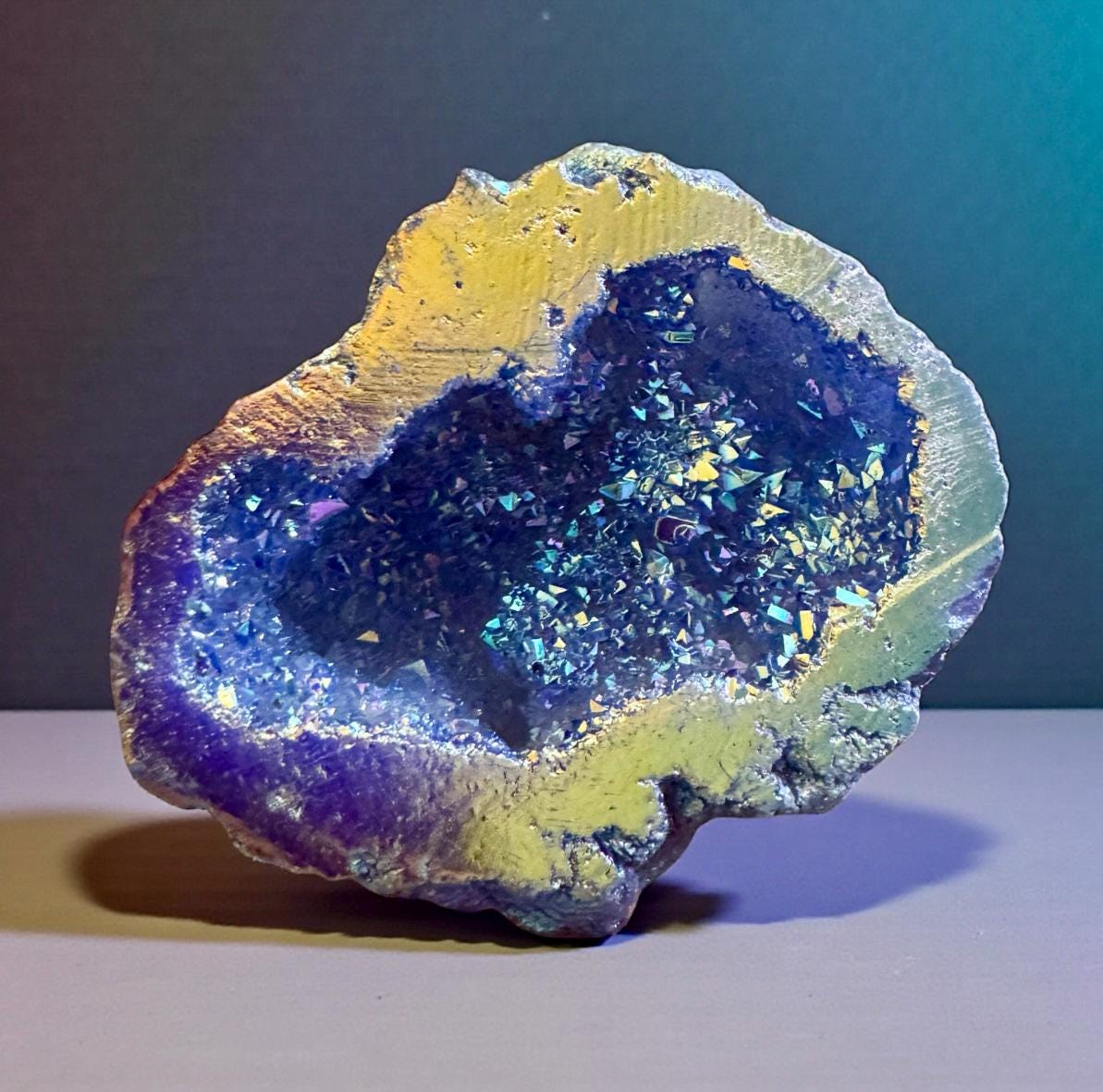 Midnight Blue and Sunset Aura Geode: Midnight Sparkle Crystal, Gift Boxed